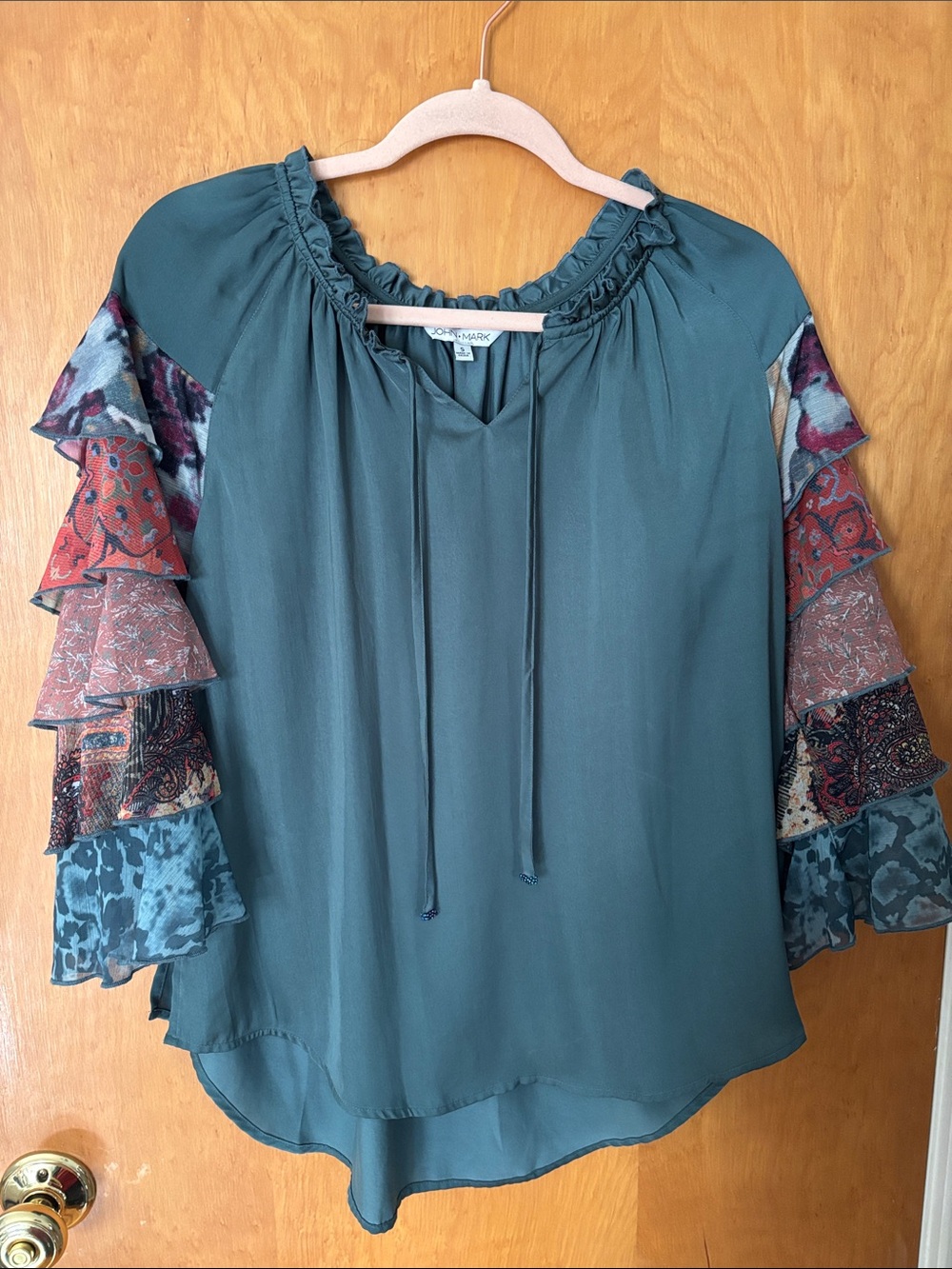 John Mark Teal Tiered-Ruffle Blouse